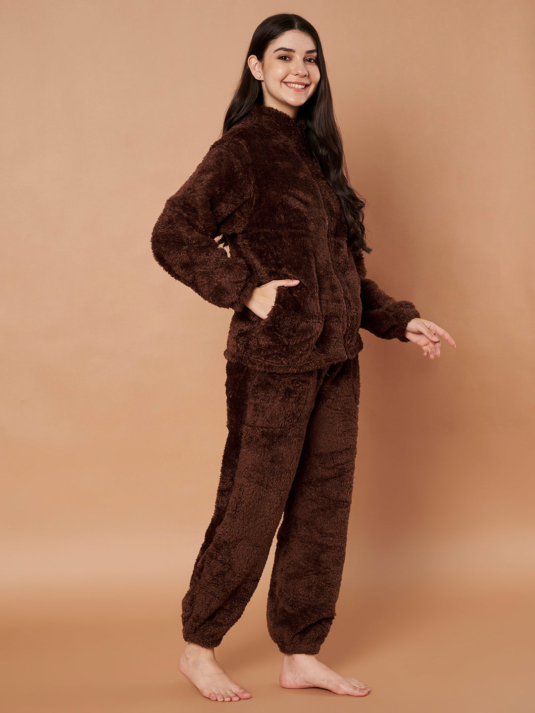 Brown Faux Fur Zip Closure Winter Night Suit