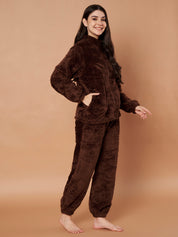 Brown Faux Fur Zip Closure Winter Night Suit