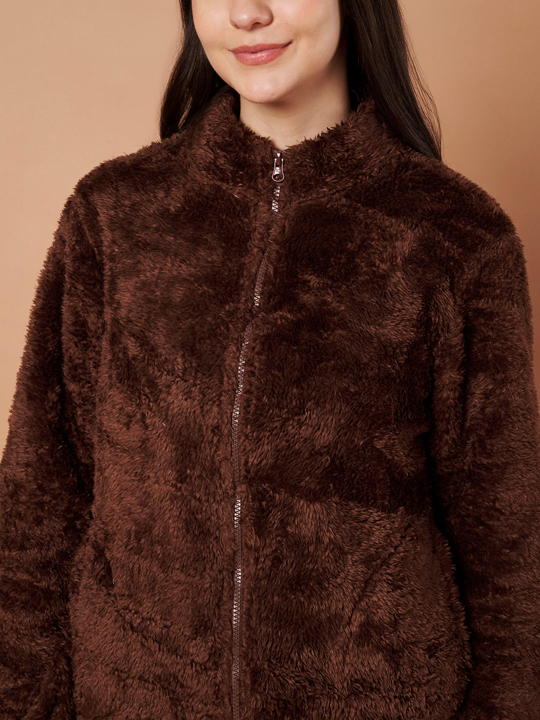 Brown Faux Fur Zip Closure Winter Night Suit