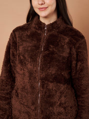Brown Faux Fur Zip Closure Winter Night Suit