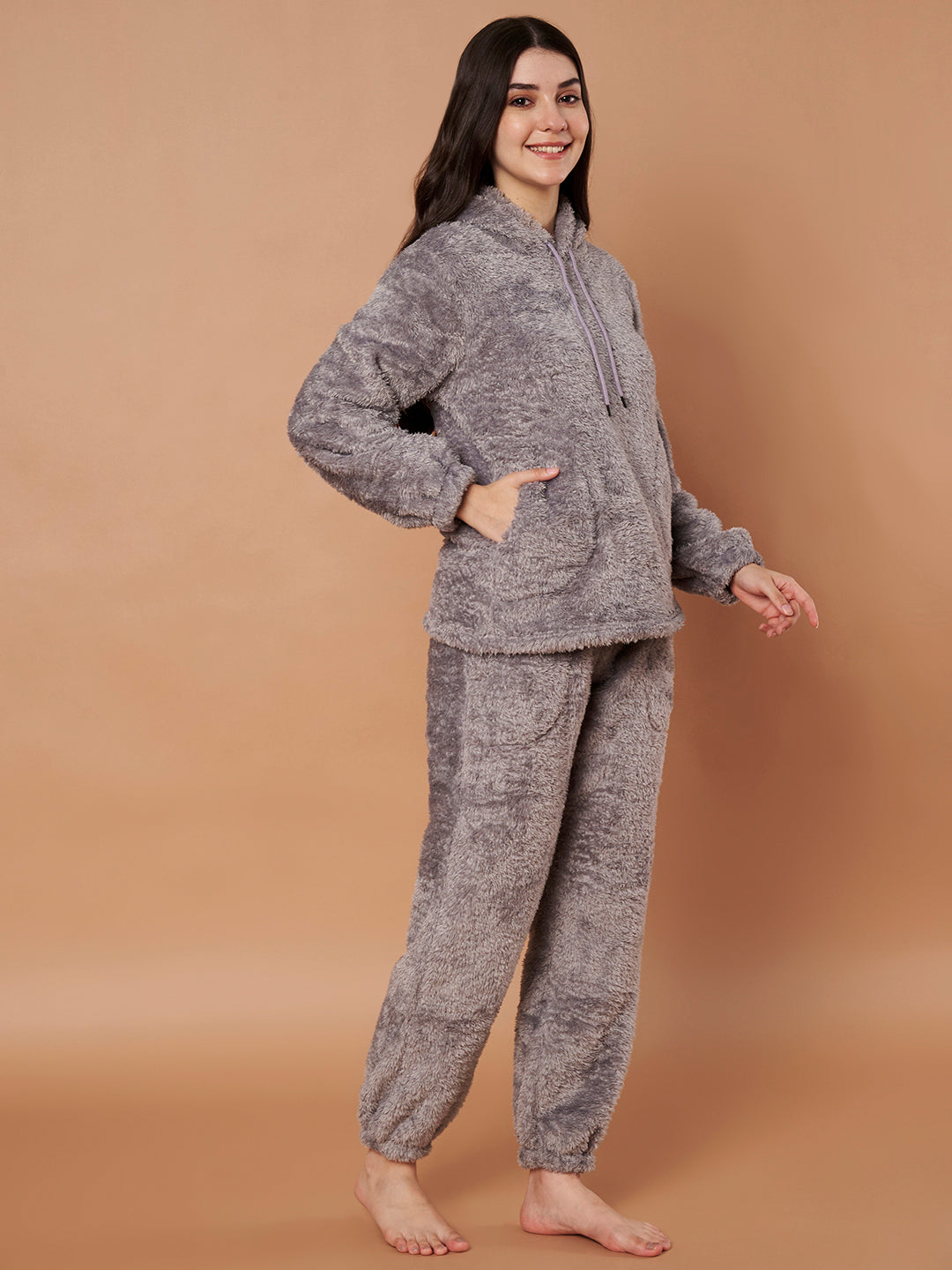 Grey Faux Fur Winter Night Suit