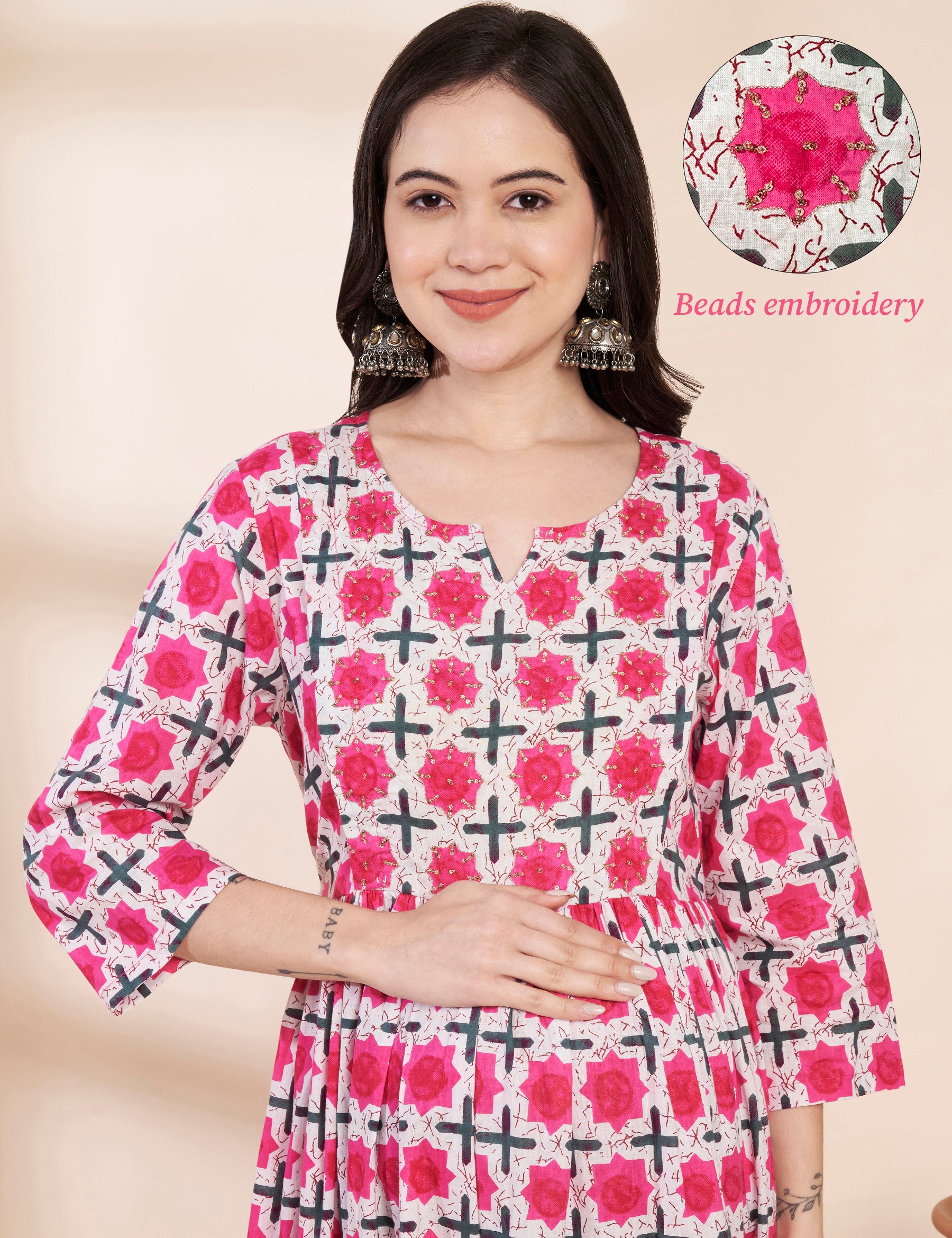 Pink Floral Cotton Hand Embroidery Maternity Kurta with Trouser and Dupatta