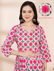 Pink Floral Cotton Hand Embroidery Maternity Kurta with Trouser and Dupatta
