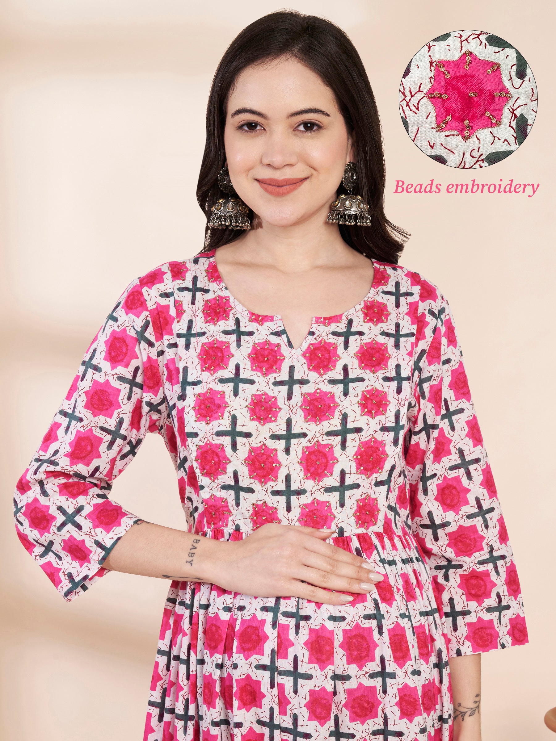 Pink Floral Cotton Hand Embroidery Maternity Kurta with Trouser and Dupatta