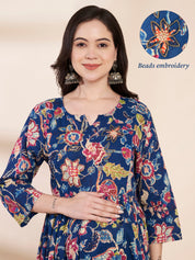 Blue Floral Cotton Hand Embroidery Maternity Kurta with Trouser and Dupatta