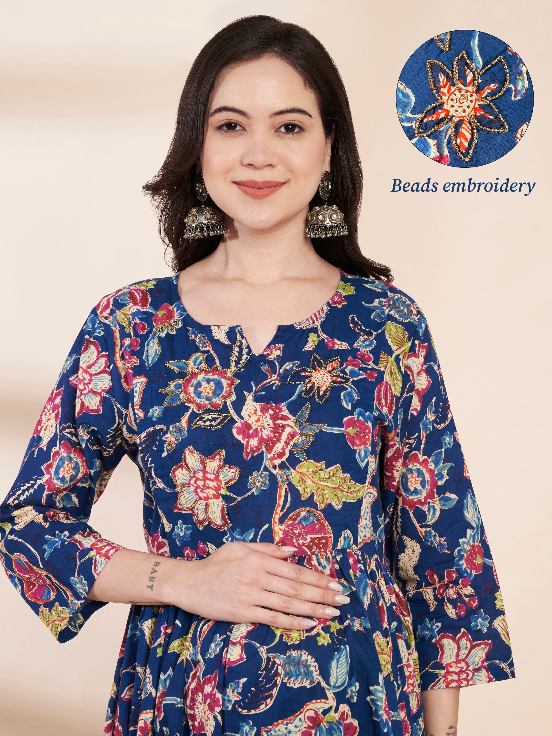 Blue Floral Cotton Hand Embroidery Maternity Kurta with Trouser and Dupatta