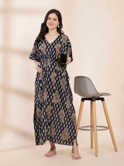 Navy Blue Motif Print Cotton Maternity Kaftan