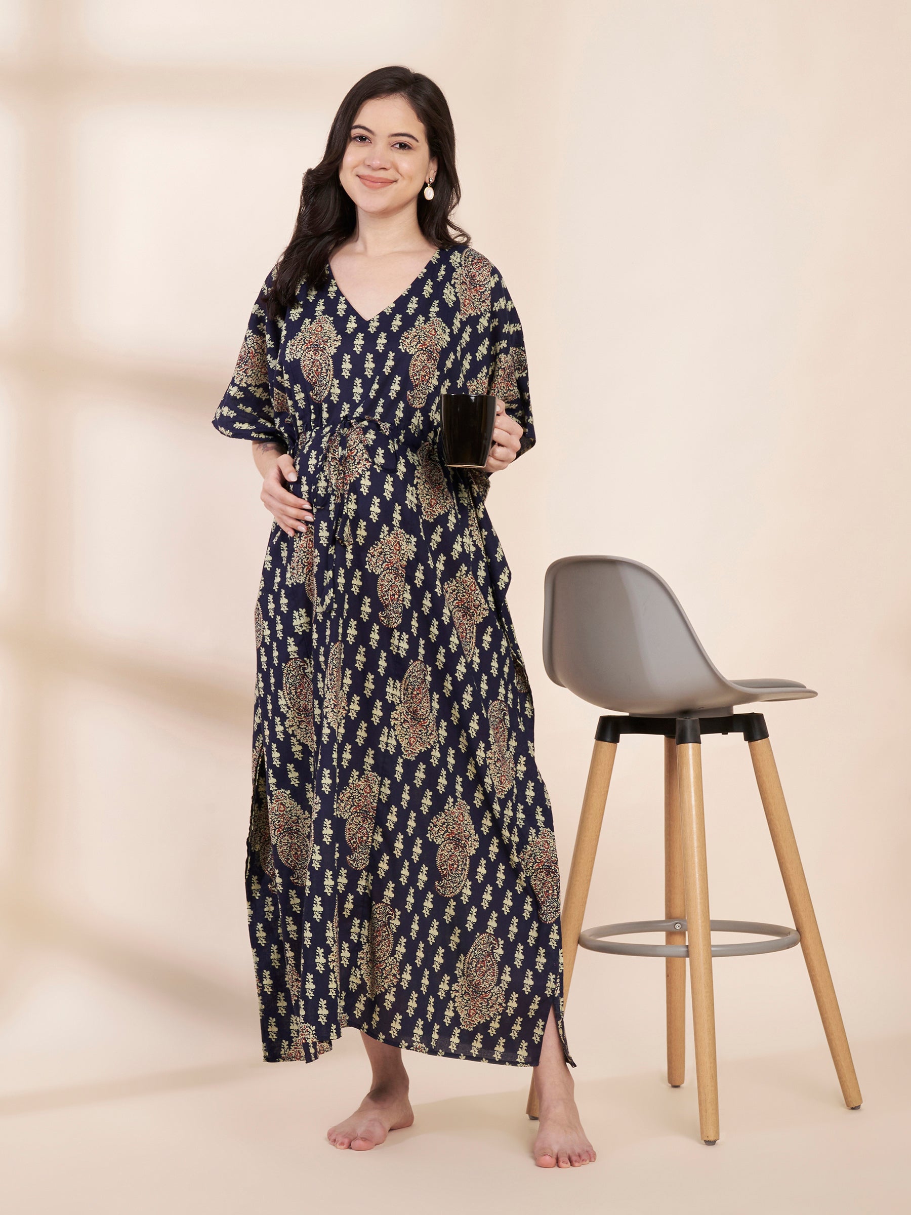 Navy Blue Motif Print Cotton Maternity Kaftan