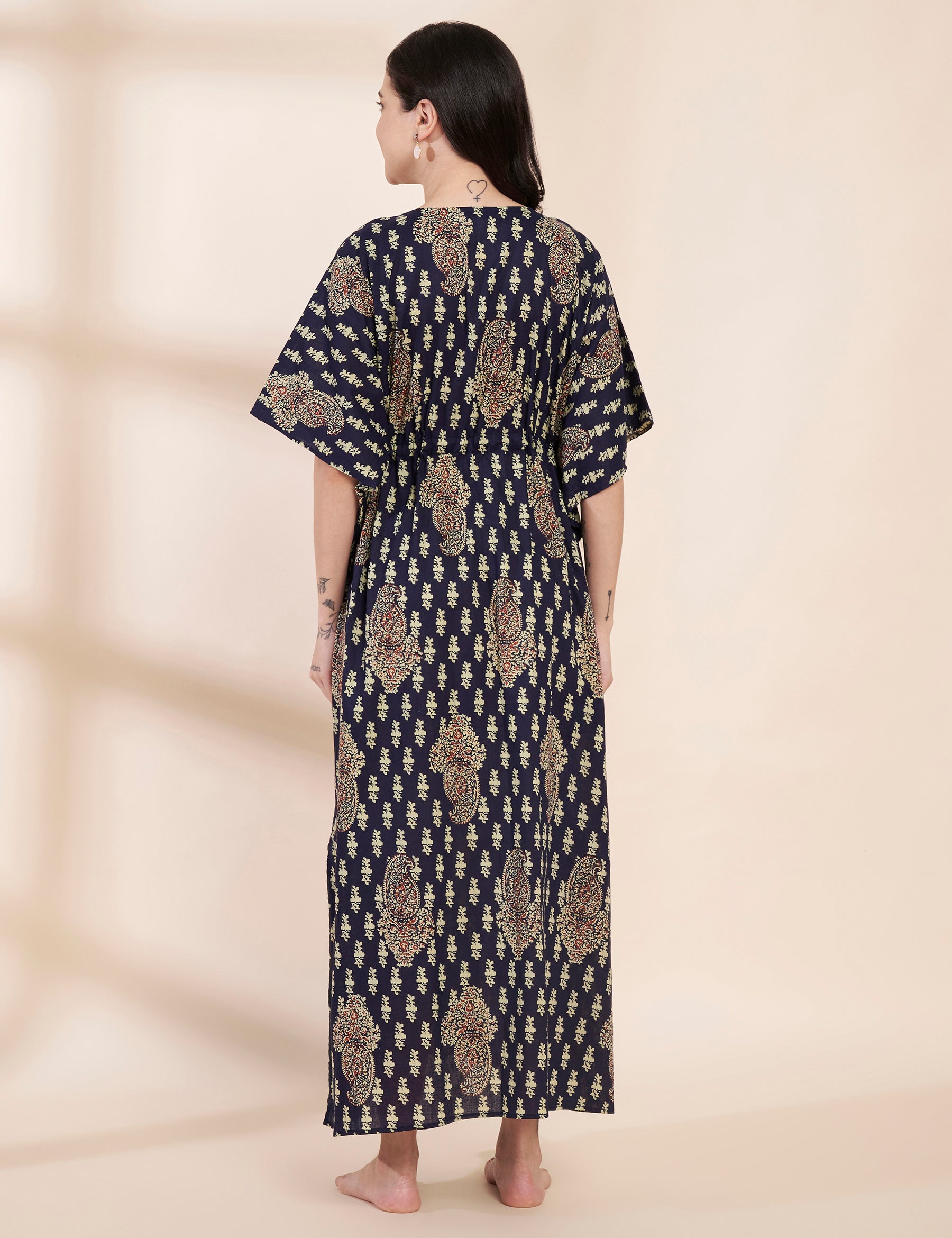 Navy Blue Motif Print Cotton Maternity Kaftan