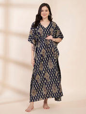 Navy Blue Motif Print Cotton Maternity Kaftan