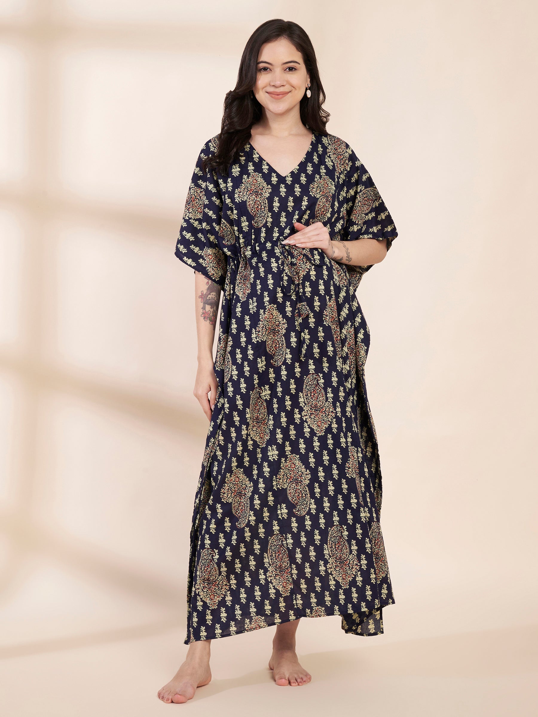 Navy Blue Motif Print Cotton Maternity Kaftan