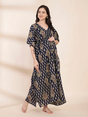 Navy Blue Motif Print Cotton Maternity Kaftan
