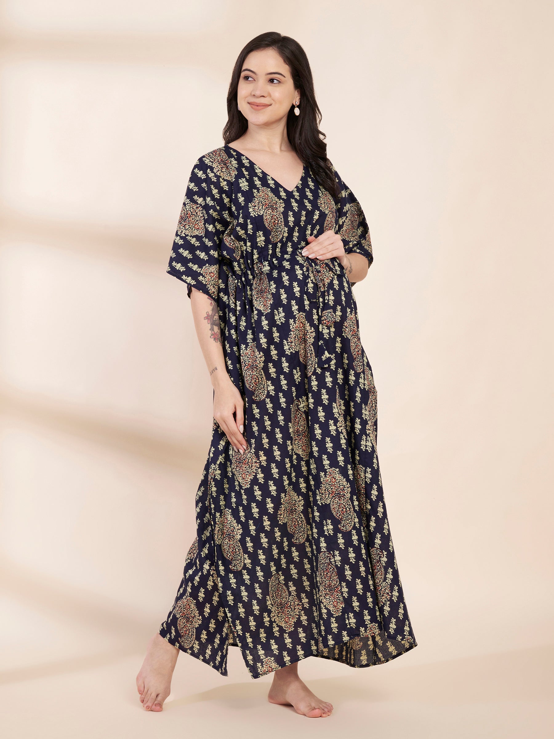 Navy Blue Motif Print Cotton Maternity Kaftan