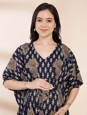 Navy Blue Motif Print Cotton Maternity Kaftan