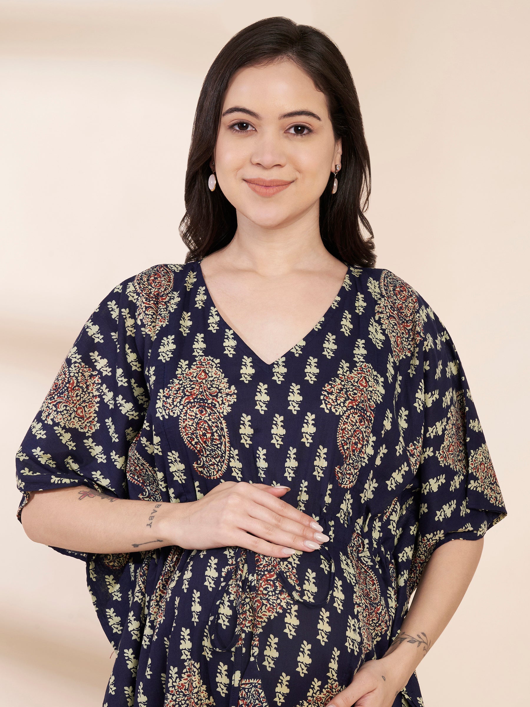 Navy Blue Motif Print Cotton Maternity Kaftan