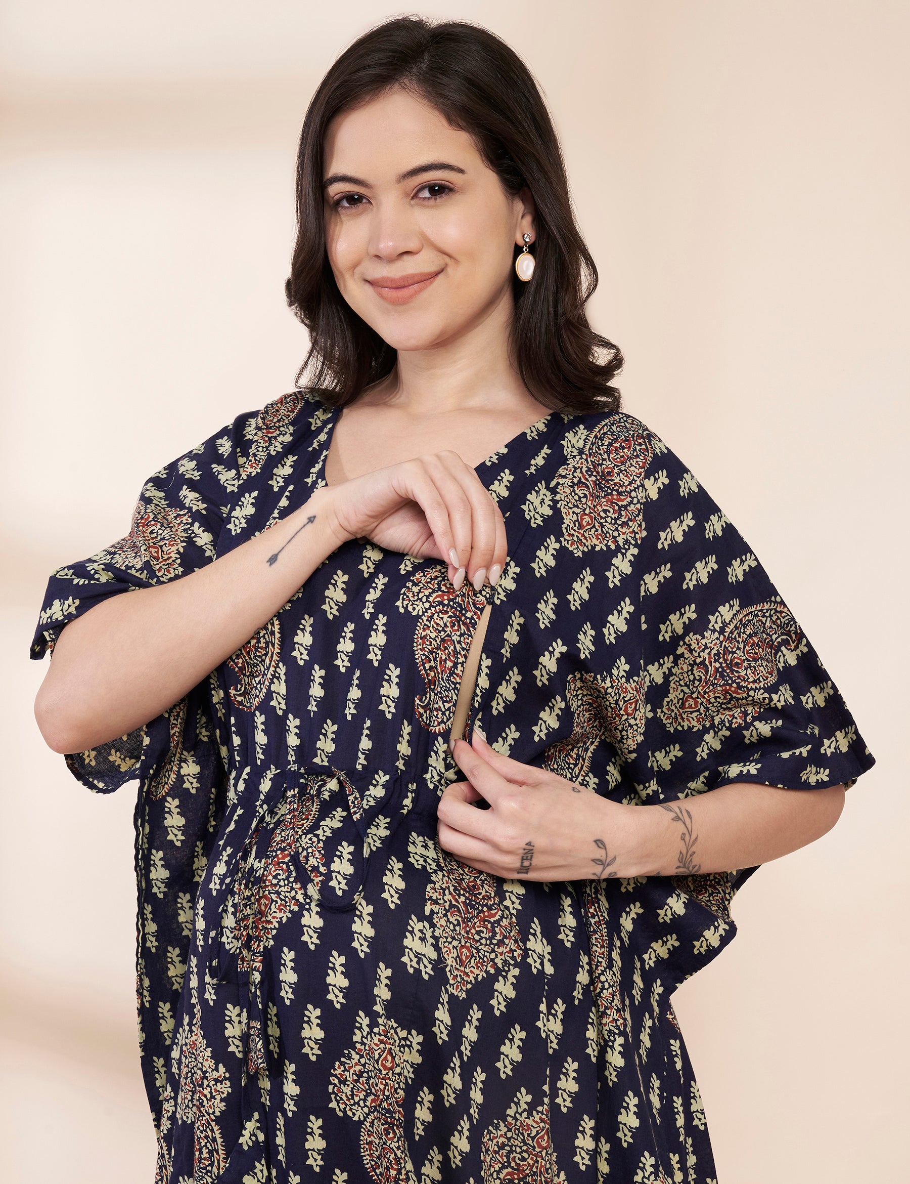 Navy Blue Motif Print Cotton Maternity Kaftan