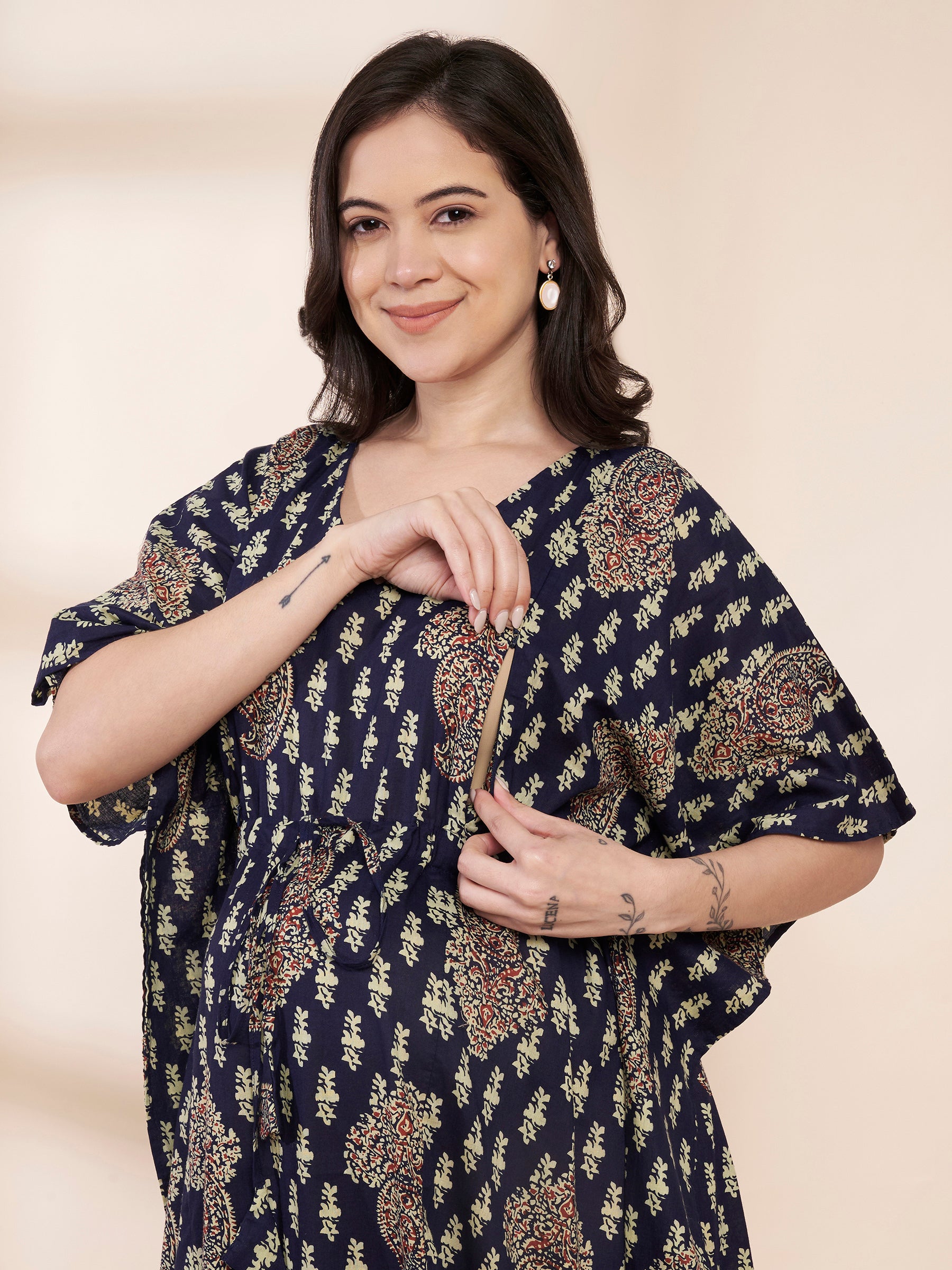 Navy Blue Motif Print Cotton Maternity Kaftan