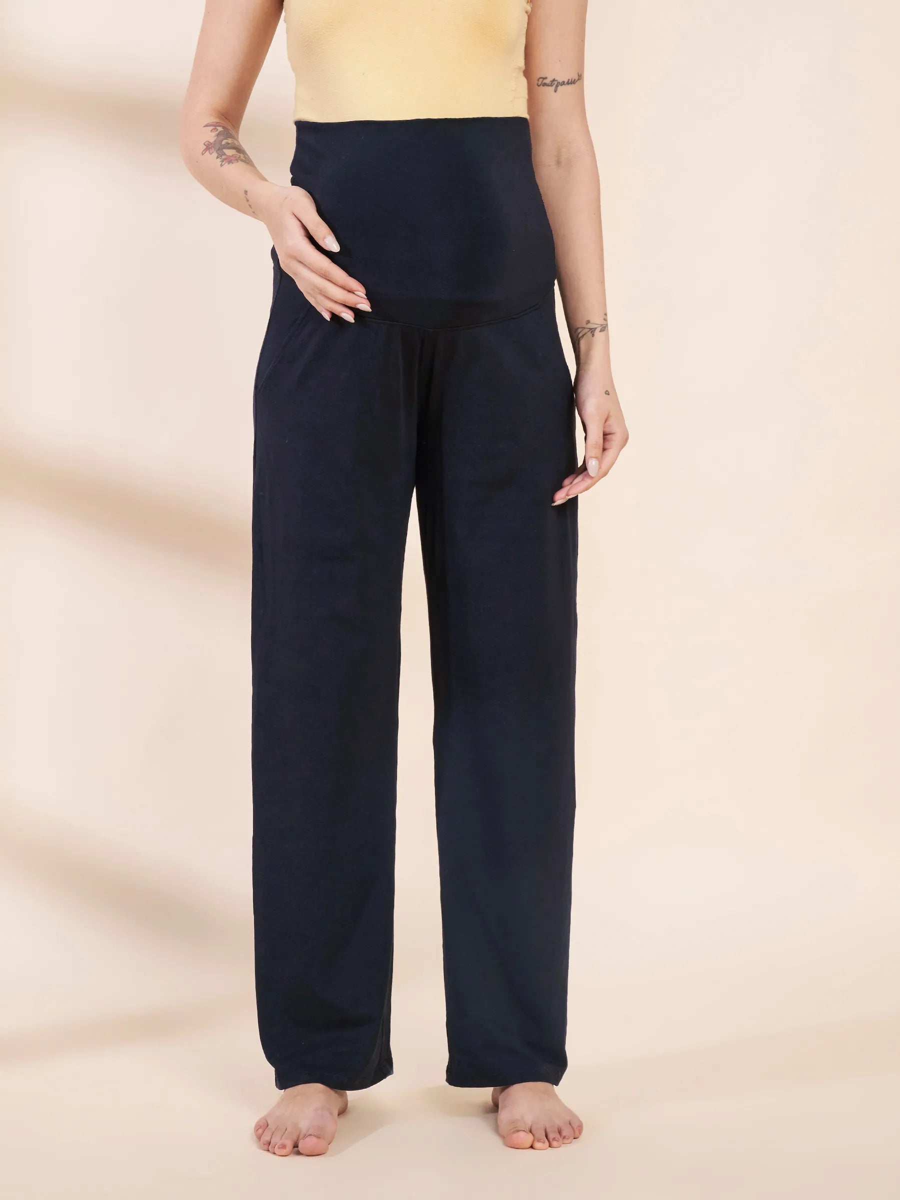 Navy Blue Soild Hosiery Maternity Track Pants