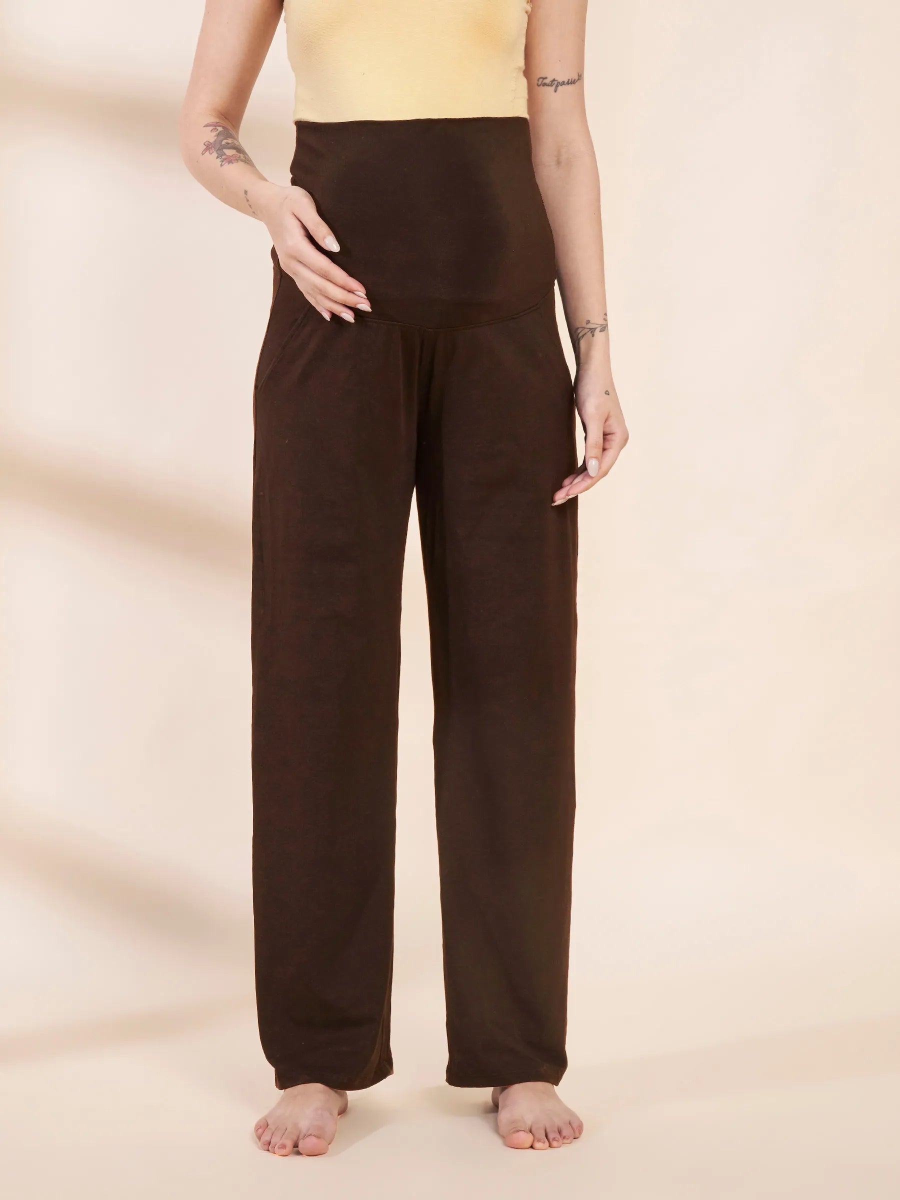 Brown Soild Hosiery Maternity Track Pants
