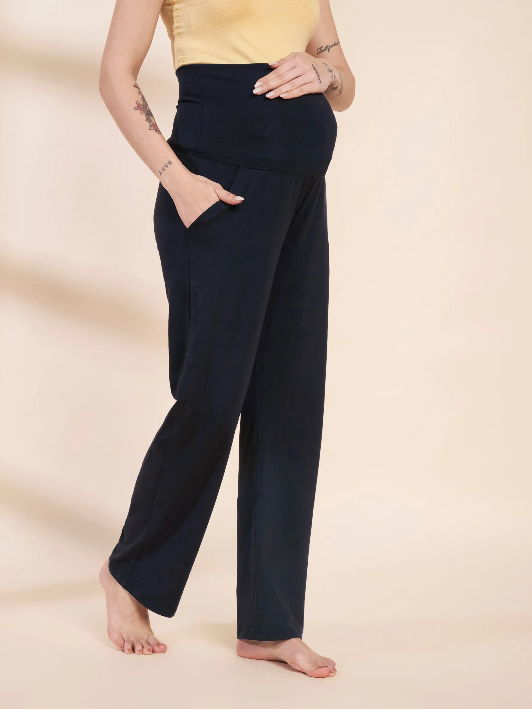 Navy Blue Soild Hosiery Maternity Track Pants