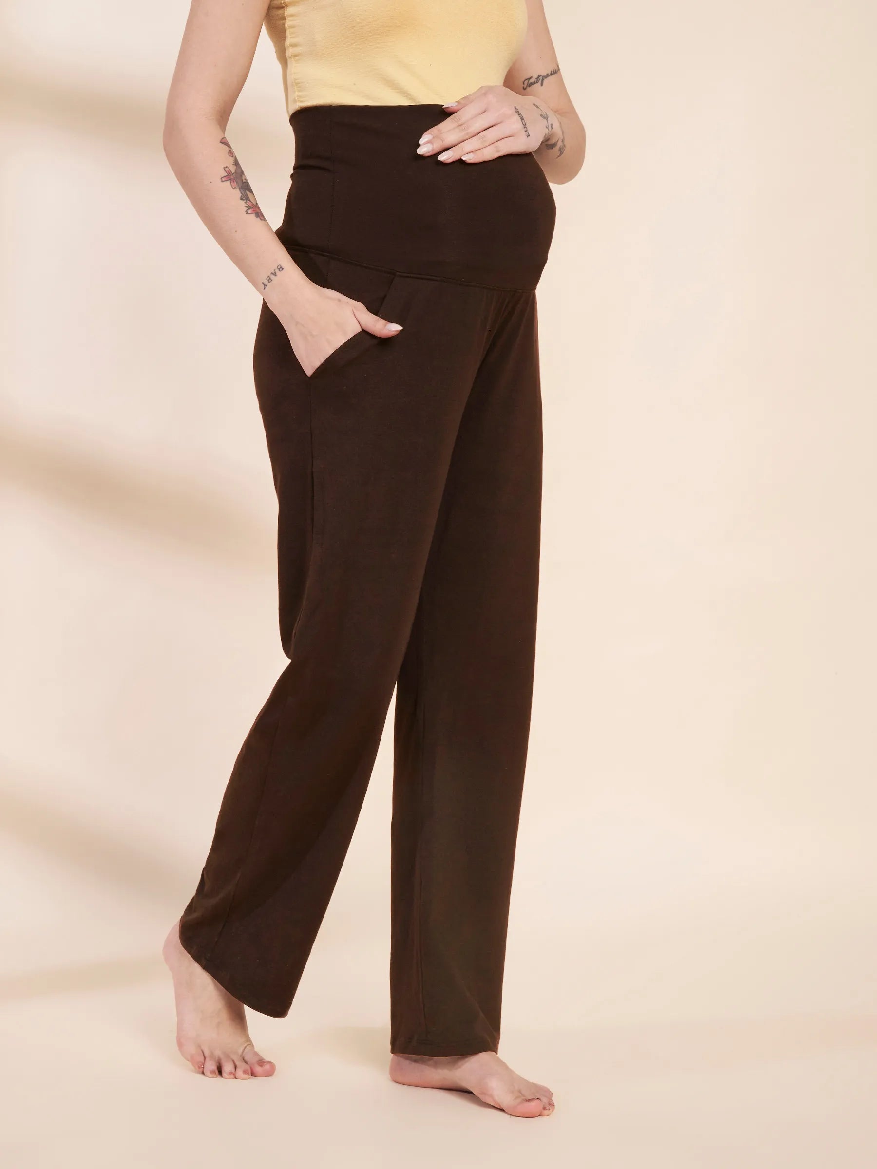 Brown Soild Hosiery Maternity Track Pants