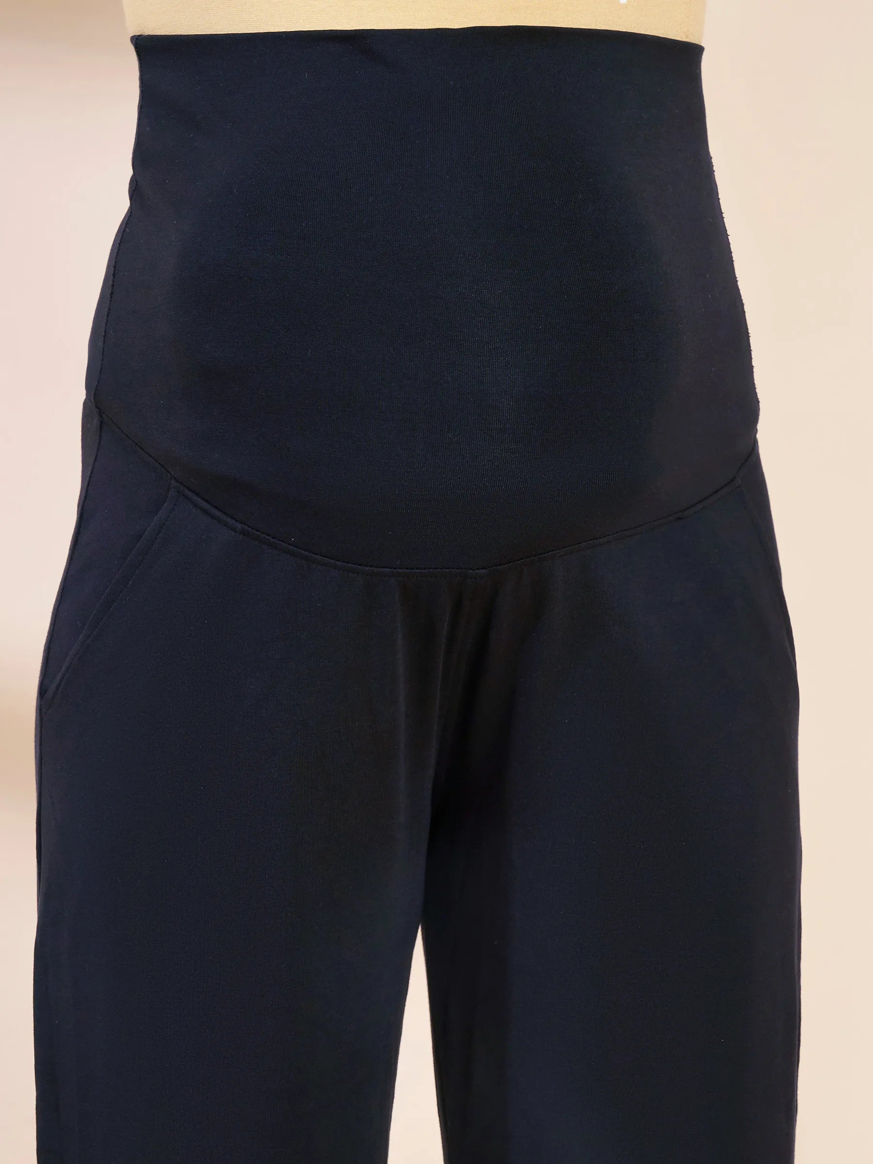 Navy Blue Soild Hosiery Maternity Track Pants