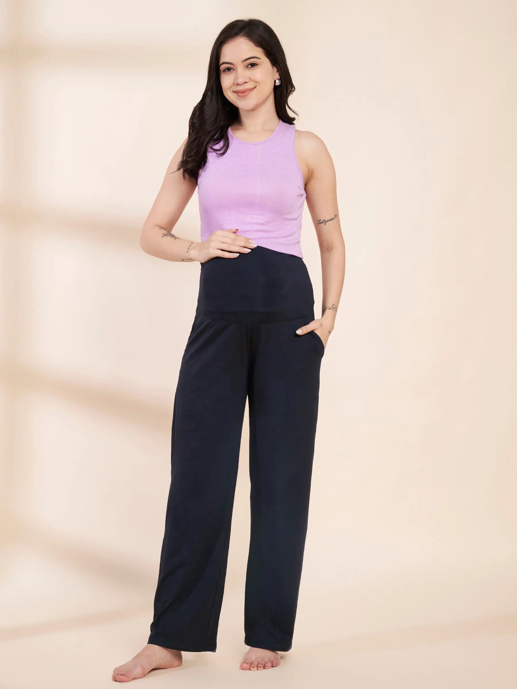 Navy Blue Soild Hosiery Maternity Track Pants