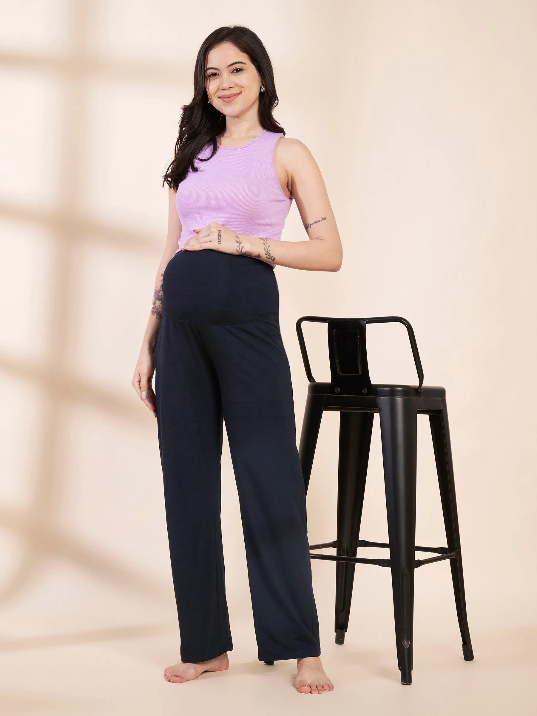 Navy Blue Soild Hosiery Maternity Track Pants