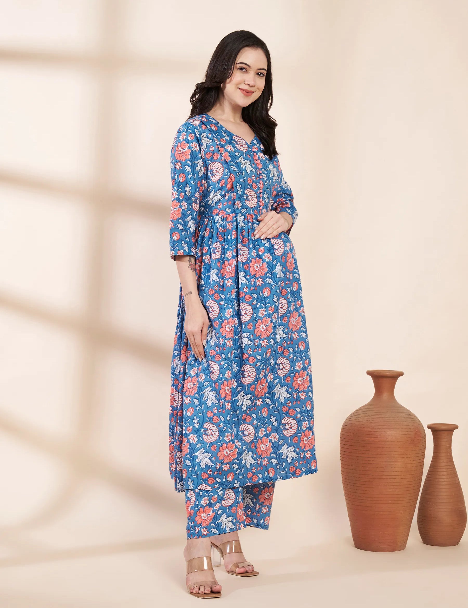 Blue Floral Cotton Maternity Kurta with Trouser and Dupatta