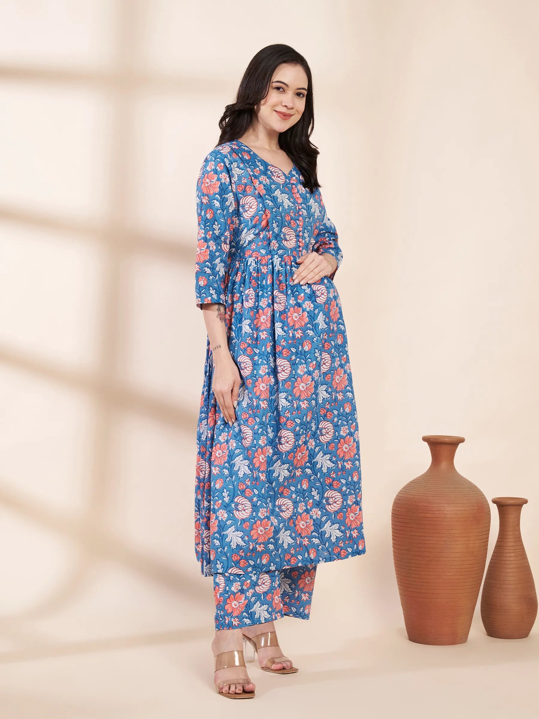 Blue Floral Cotton Maternity Kurta with Trouser and Dupatta