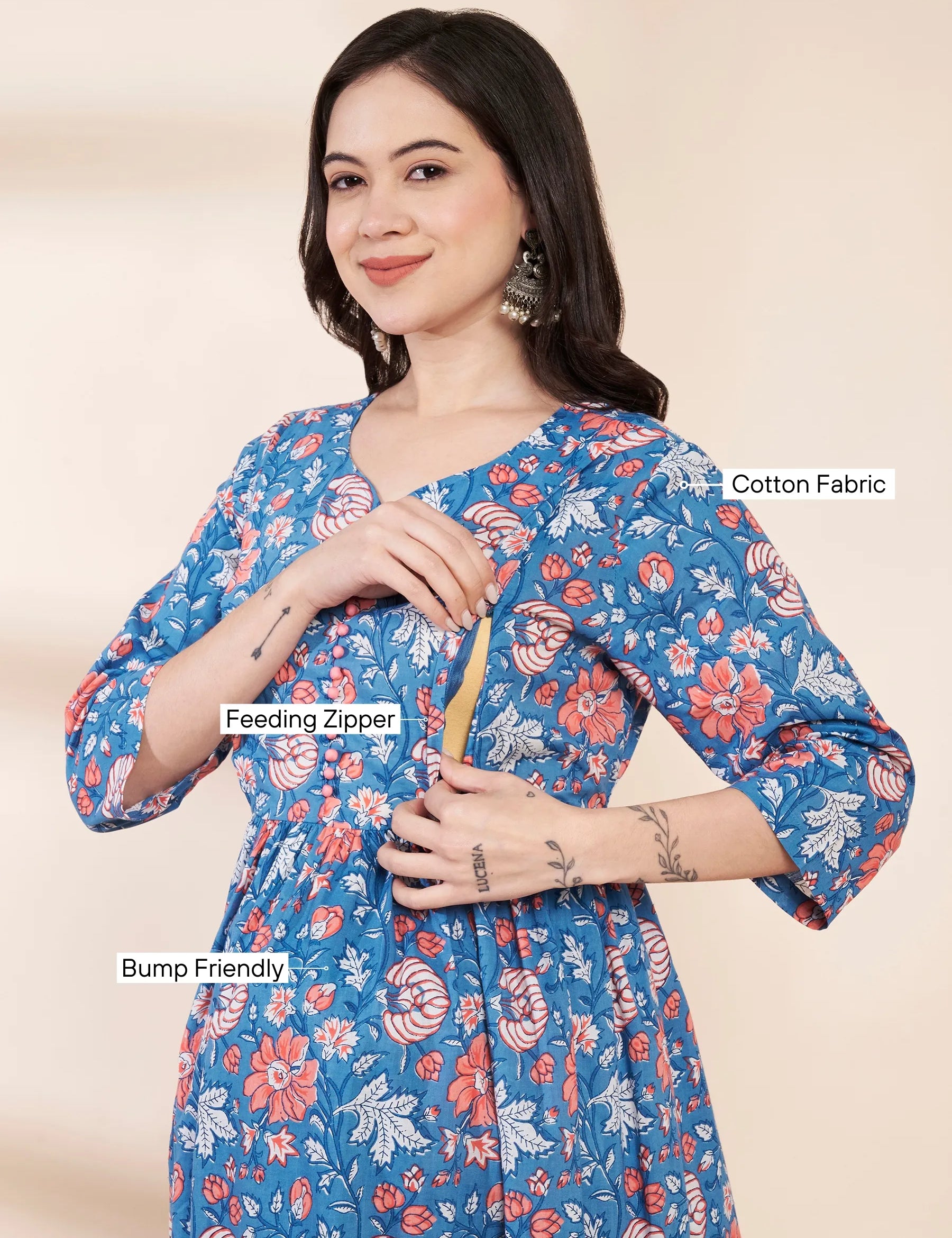 Blue Floral Cotton Maternity Kurta with Trouser and Dupatta