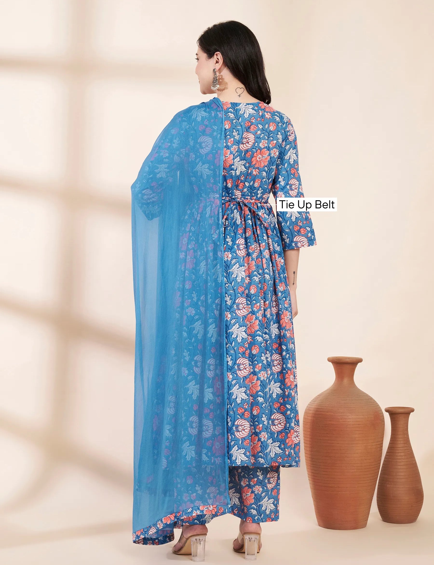 Blue Floral Cotton Maternity Kurta with Trouser and Dupatta