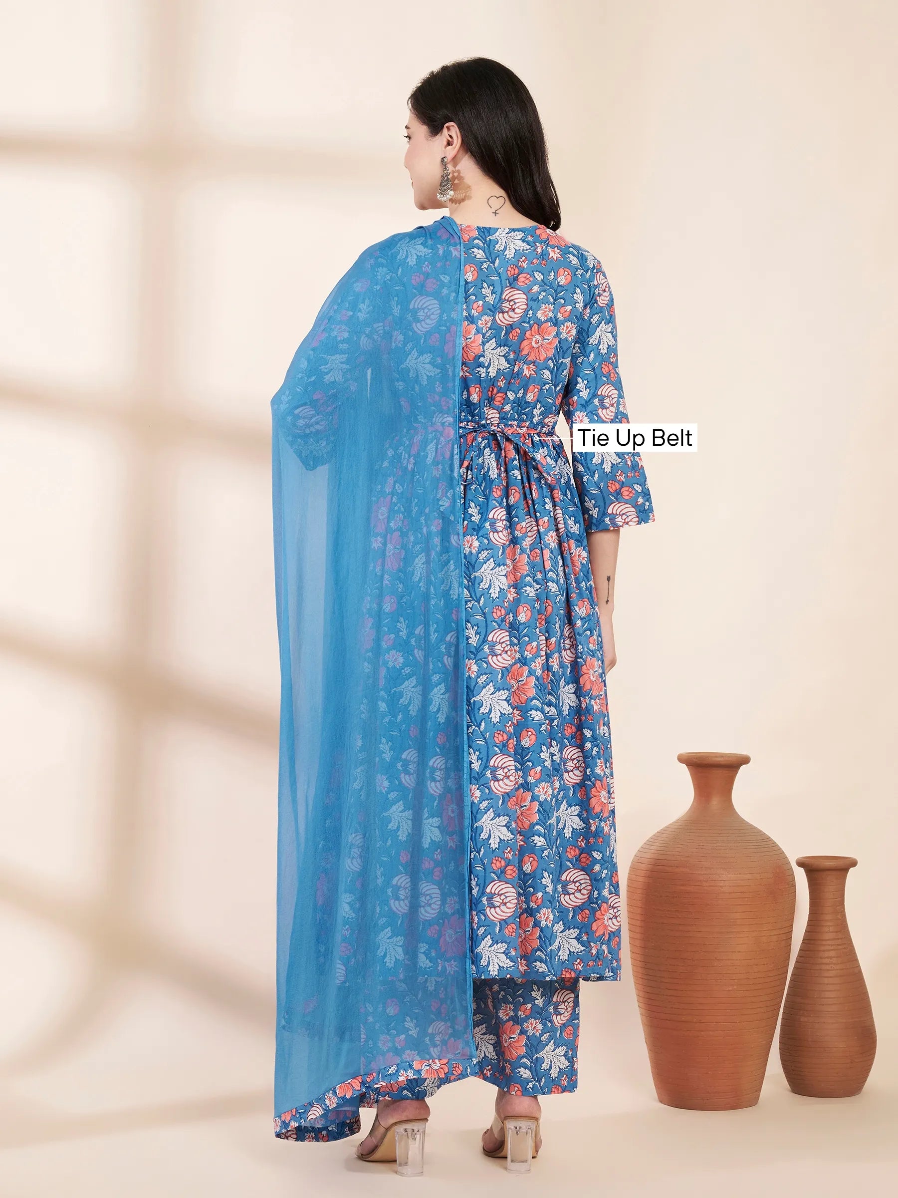 Blue Floral Cotton Maternity Kurta with Trouser and Dupatta