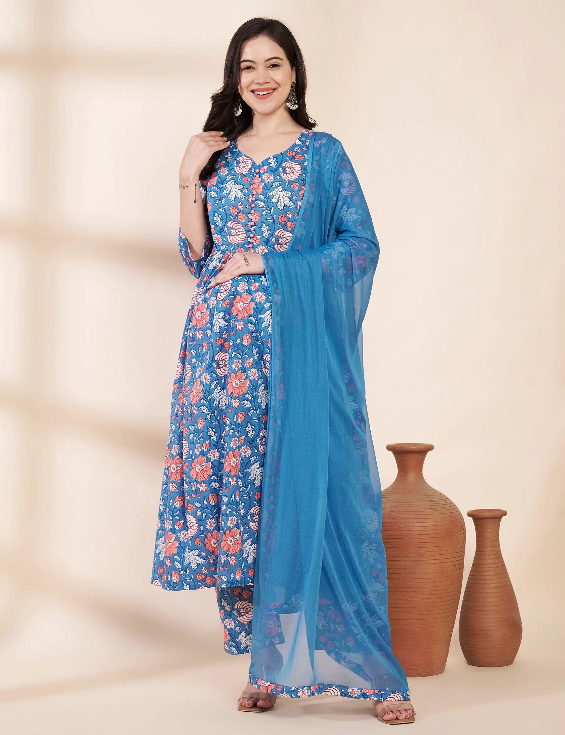 Blue Floral Cotton Maternity Kurta with Trouser and Dupatta