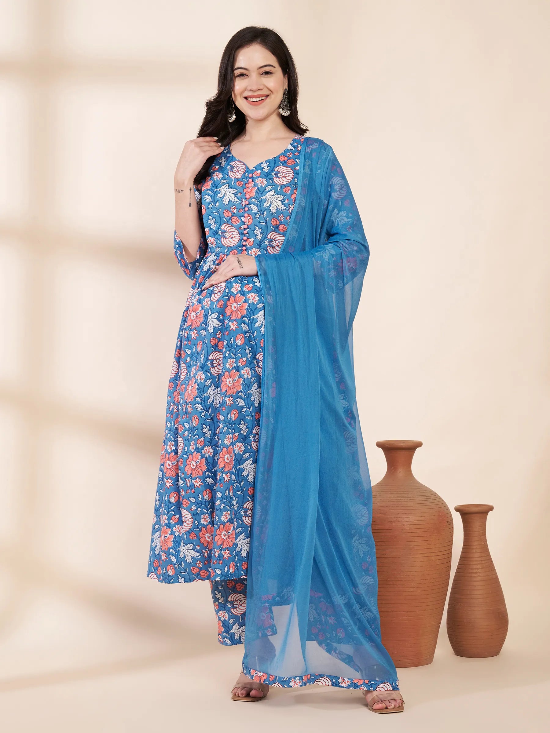 Blue Floral Cotton Maternity Kurta with Trouser and Dupatta