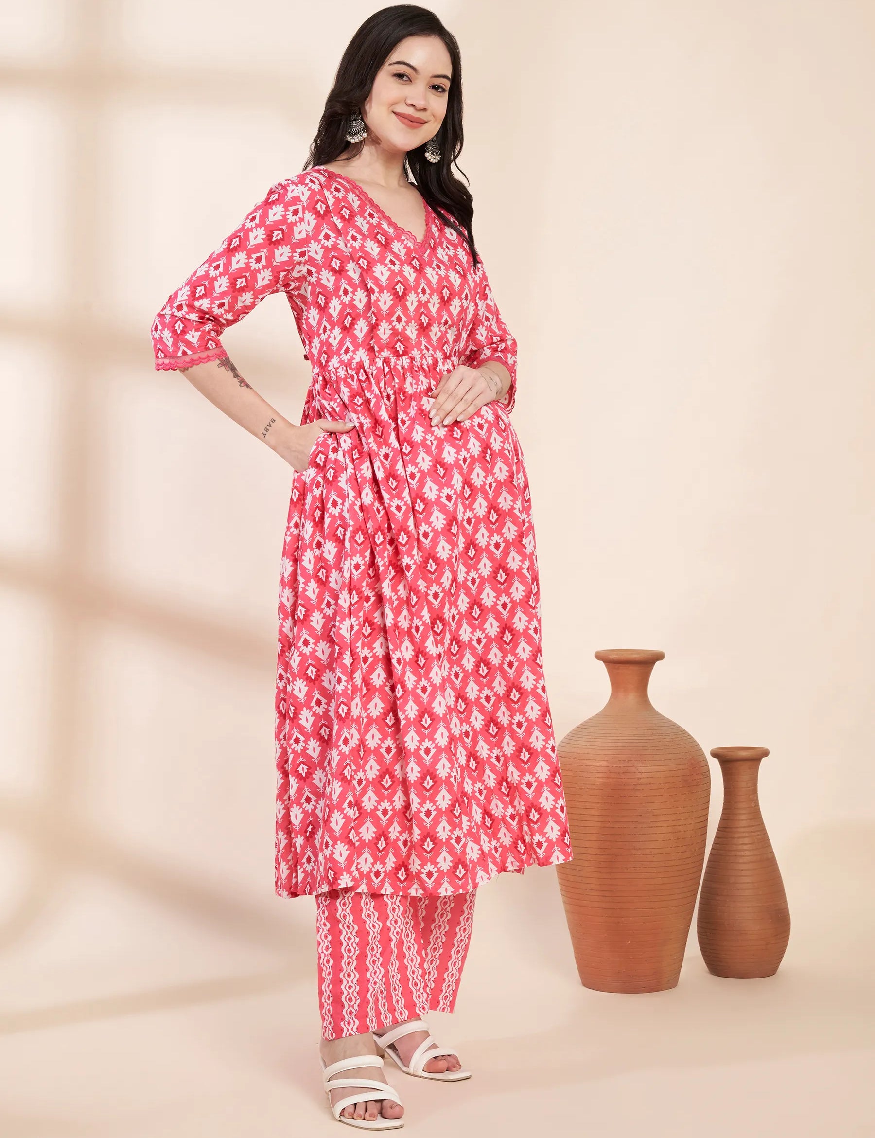 Pink Ikat Print Cotton Maternity Kurta with Trouser and Dupatta