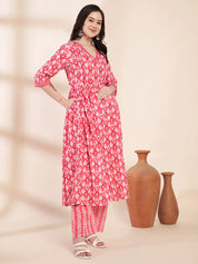 Pink Ikat Print Cotton Maternity Kurta with Trouser and Dupatta