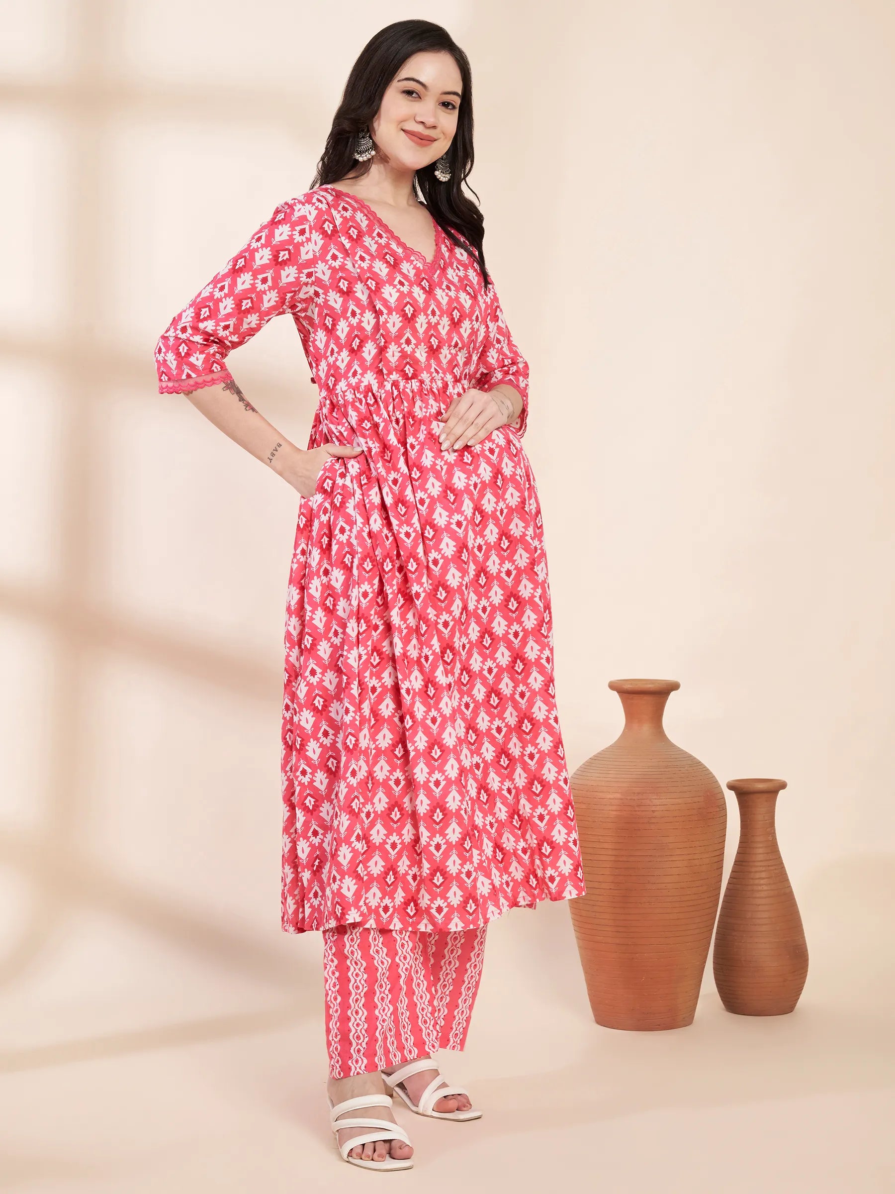 Pink Ikat Print Cotton Maternity Kurta with Trouser and Dupatta