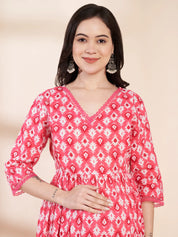 Pink Ikat Print Cotton Maternity Kurta with Trouser and Dupatta