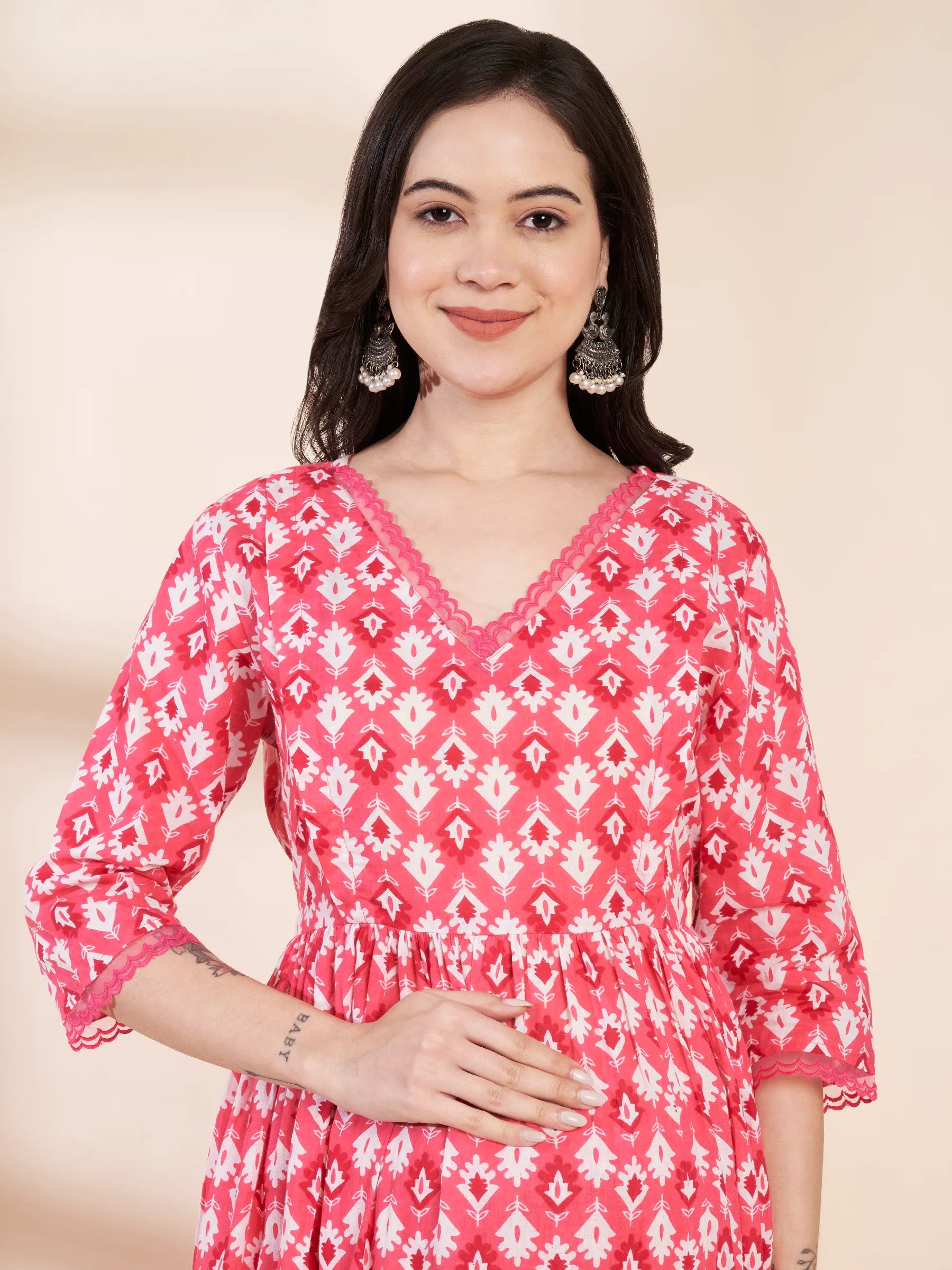 Pink Ikat Print Cotton Maternity Kurta with Trouser and Dupatta