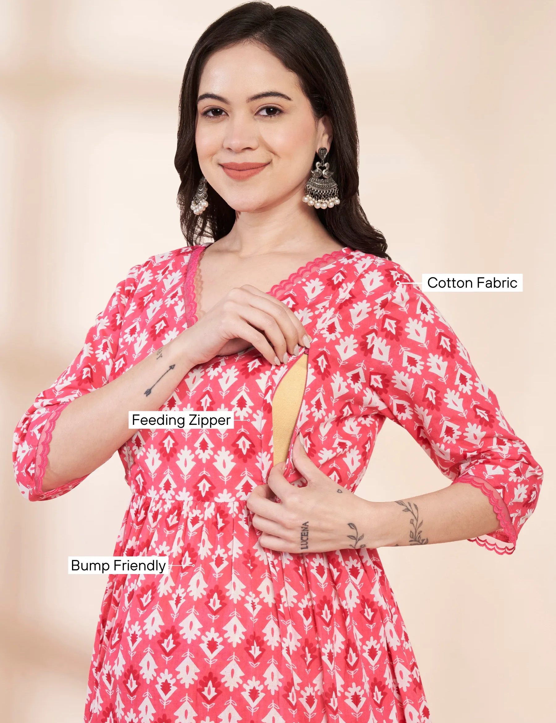 Pink Ikat Print Cotton Maternity Kurta with Trouser and Dupatta