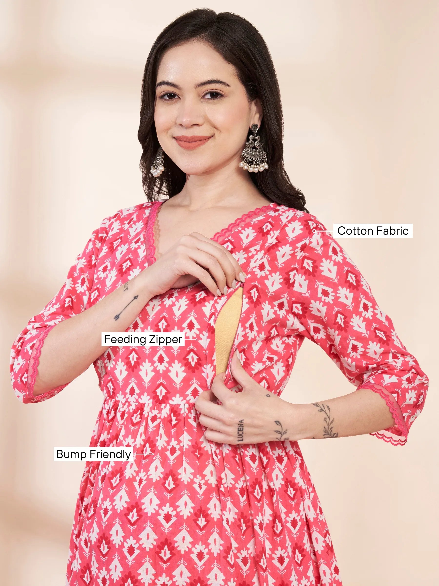Pink Ikat Print Cotton Maternity Kurta with Trouser and Dupatta