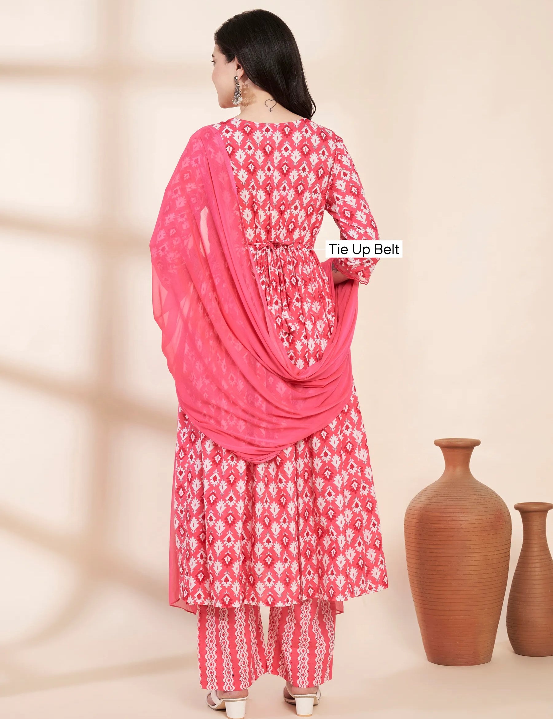 Pink Ikat Print Cotton Maternity Kurta with Trouser and Dupatta