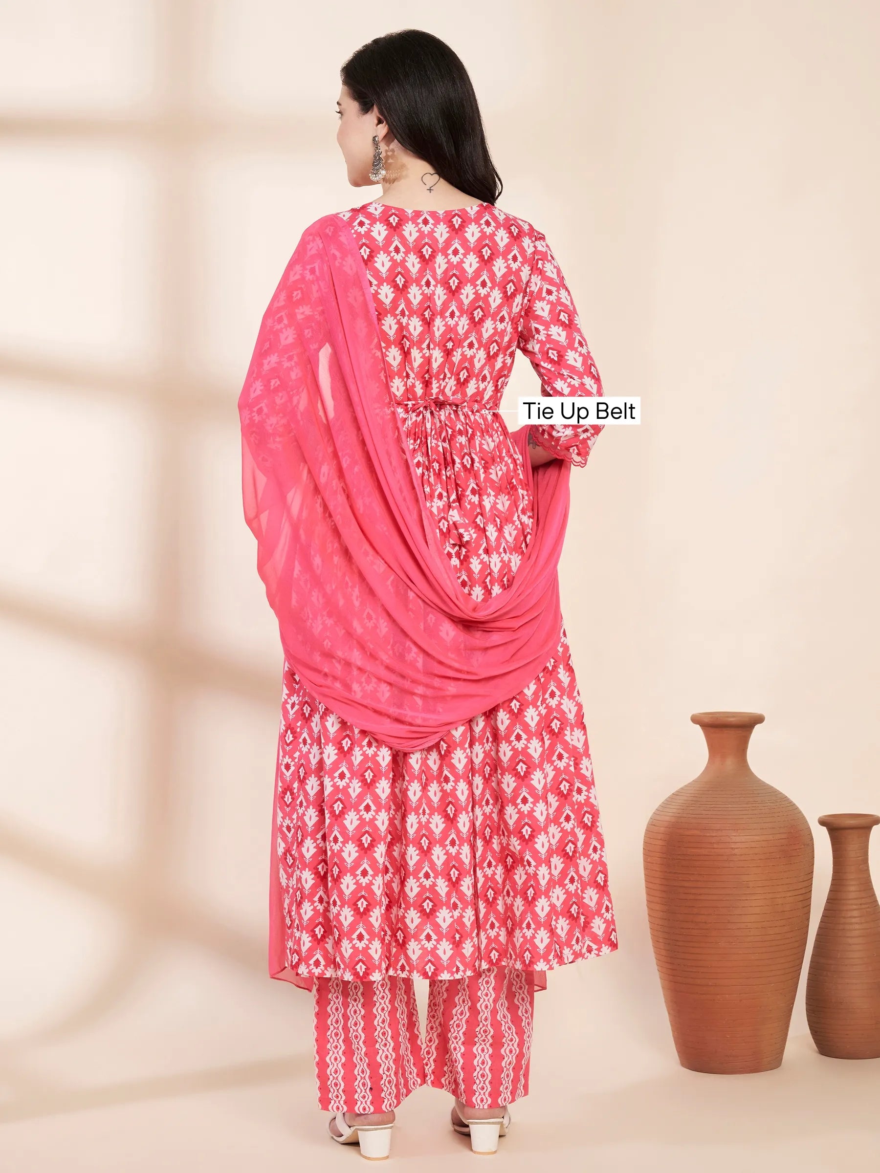 Pink Ikat Print Cotton Maternity Kurta with Trouser and Dupatta