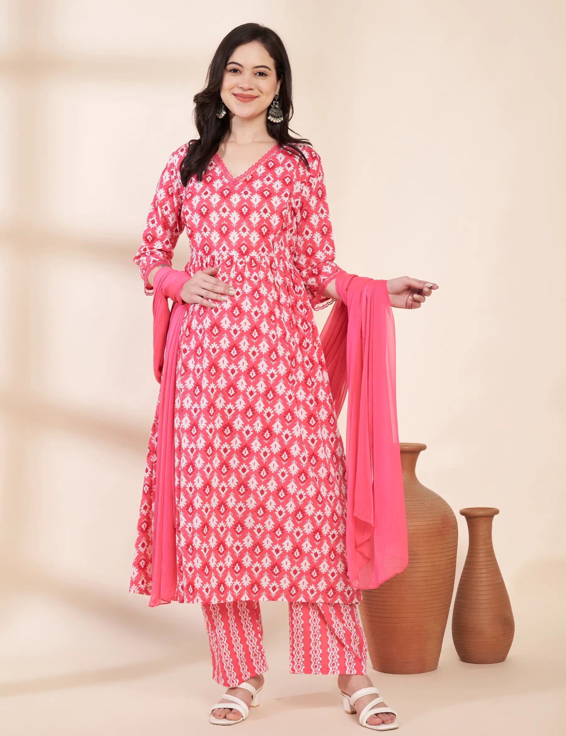 Pink Ikat Print Cotton Maternity Kurta with Trouser and Dupatta