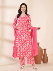 Pink Ikat Print Cotton Maternity Kurta with Trouser and Dupatta