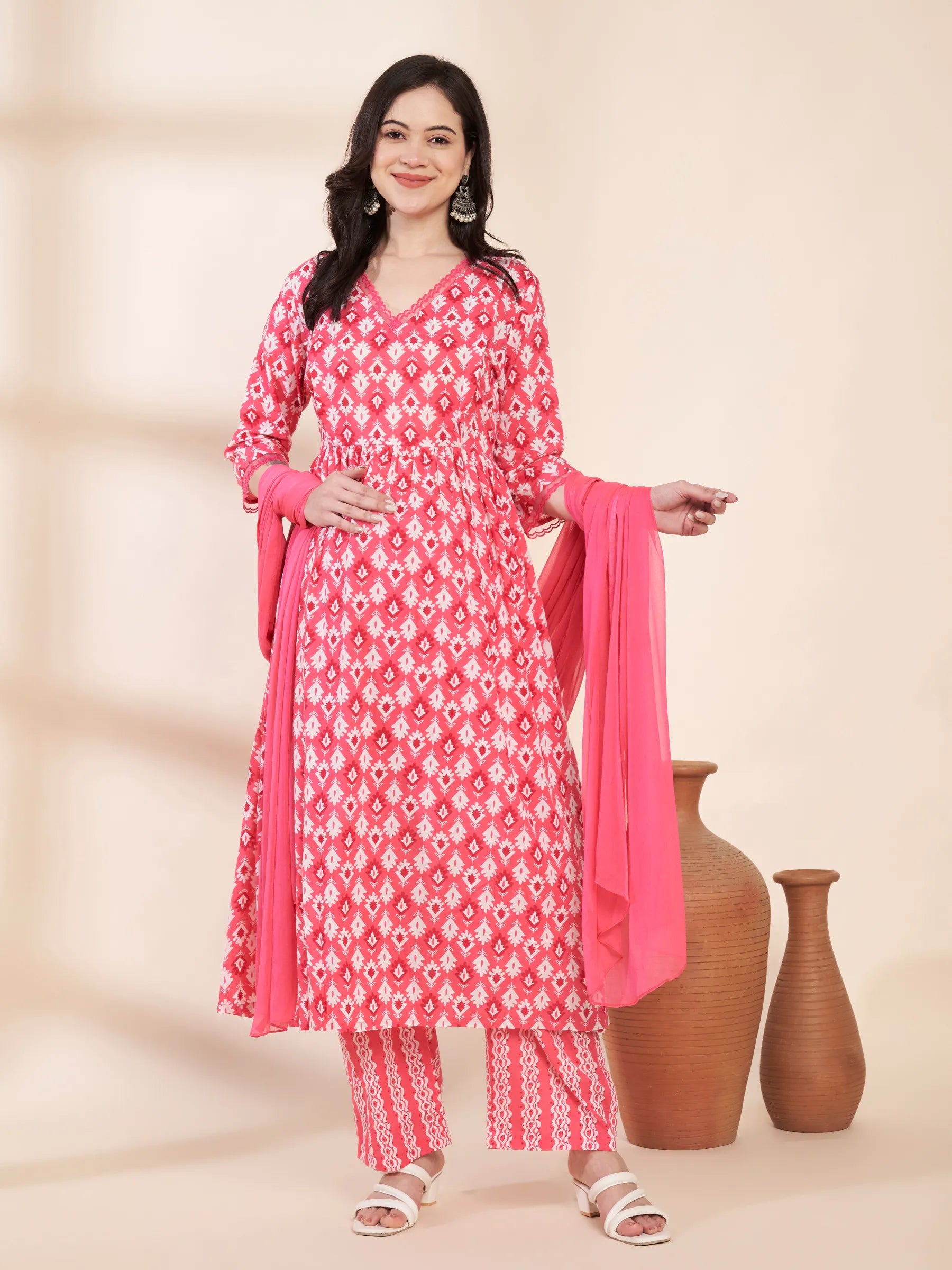 Pink Ikat Print Cotton Maternity Kurta with Trouser and Dupatta