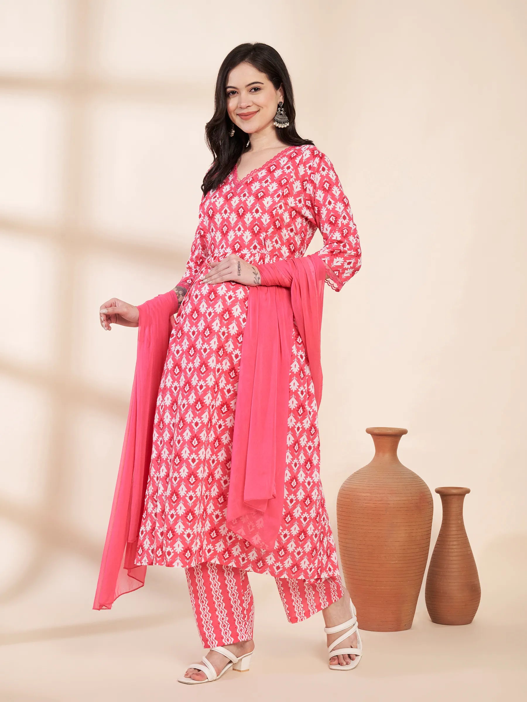 Pink Ikat Print Cotton Maternity Kurta with Trouser and Dupatta