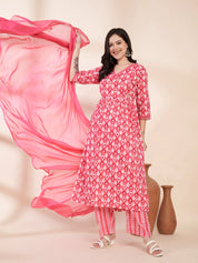 Pink Ikat Print Cotton Maternity Kurta with Trouser and Dupatta
