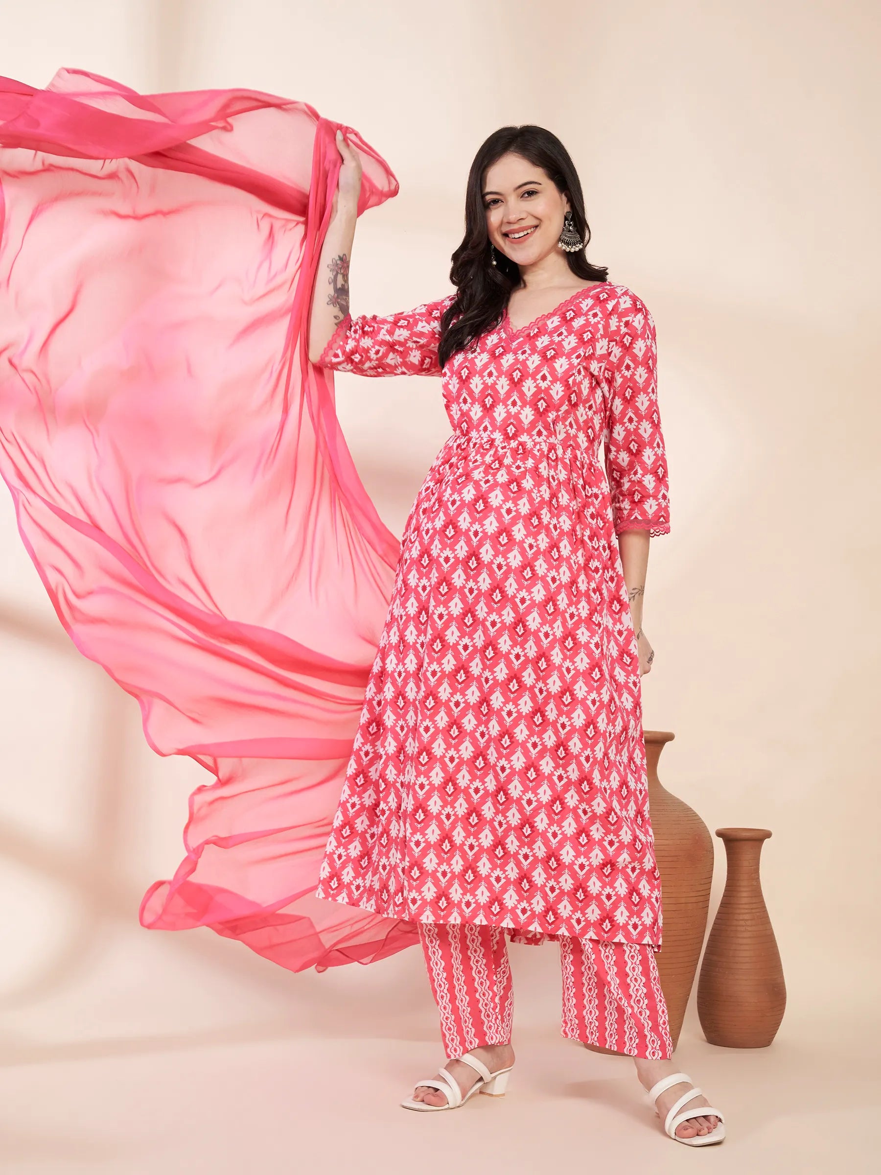 Pink Ikat Print Cotton Maternity Kurta with Trouser and Dupatta